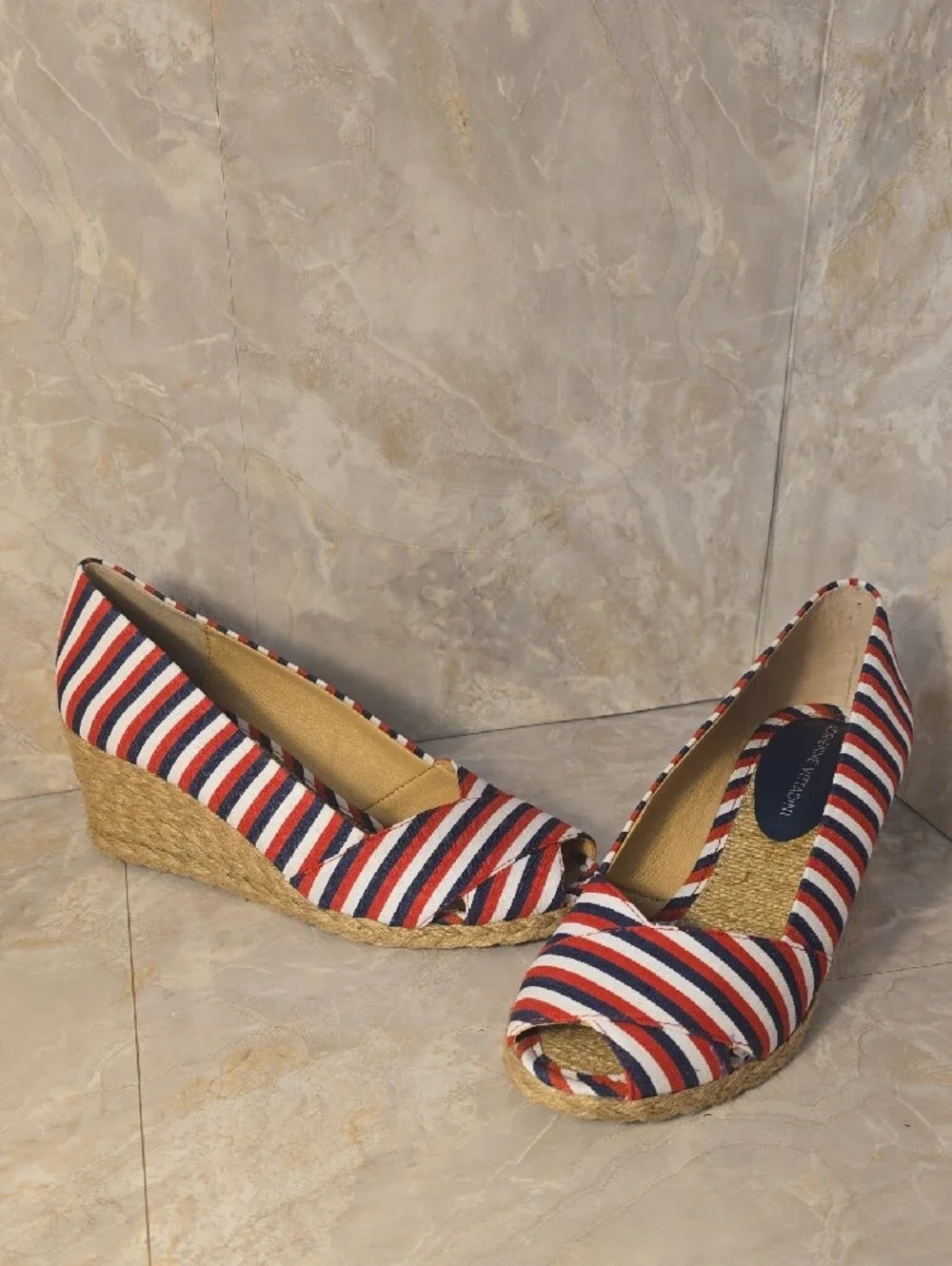Adrienne Vittadini Red White Blue Striped Espadrille Wedge Sz 7